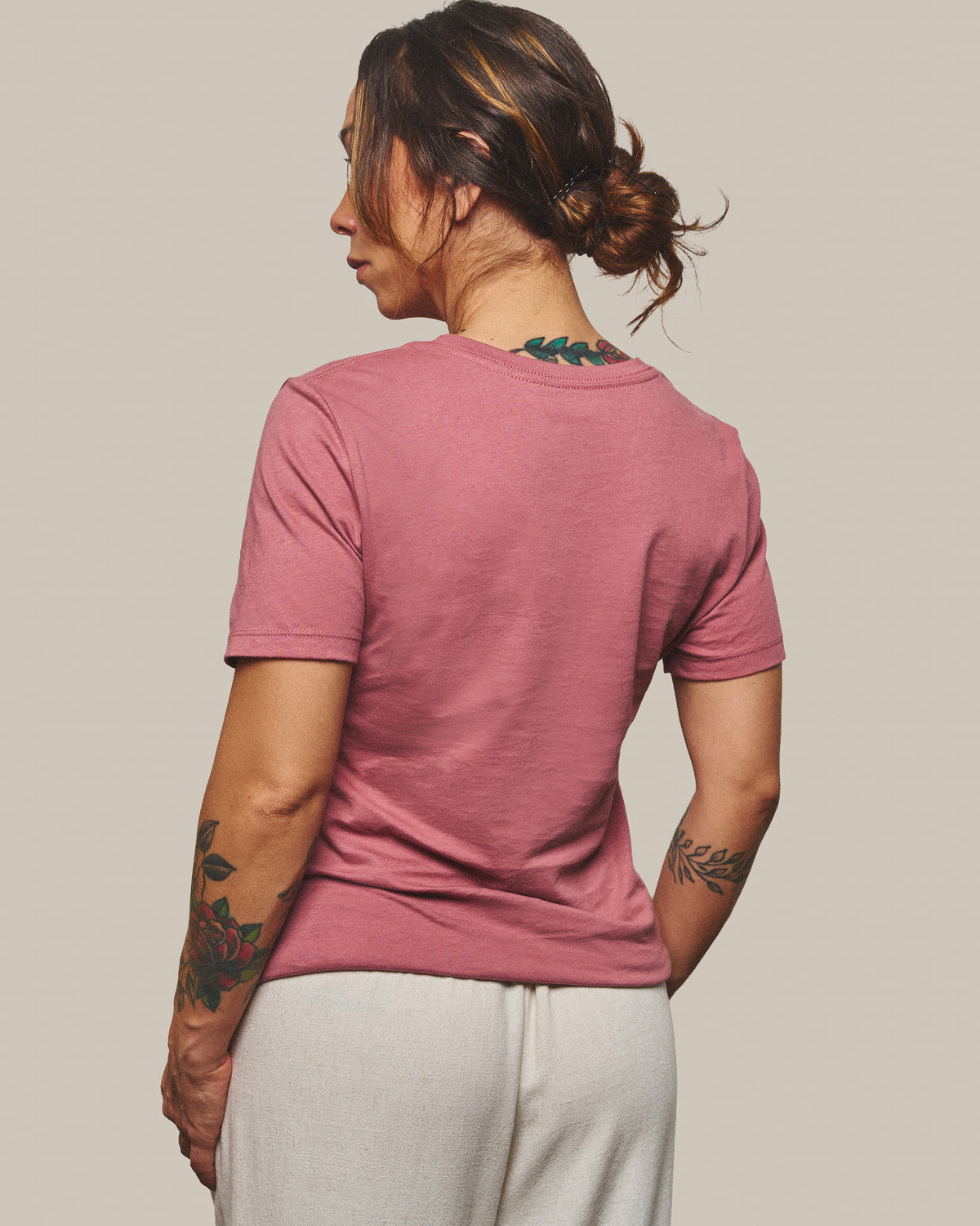 The back of the Future Tee in Mauve, plain with no print.