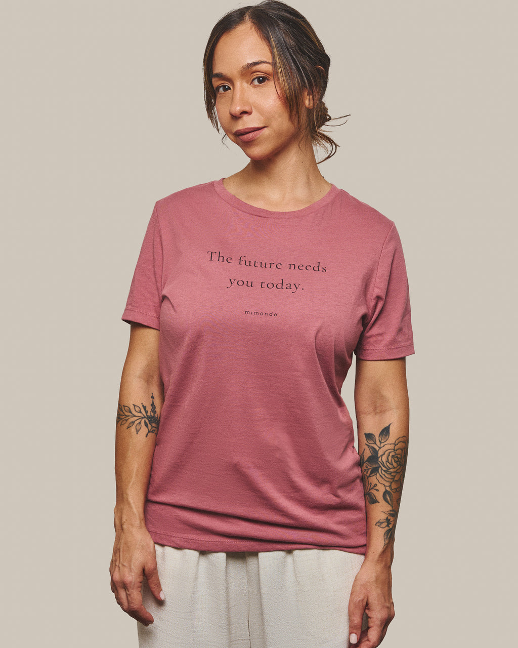 The Future Tee in Mauve. The print reads: The future needs you today.