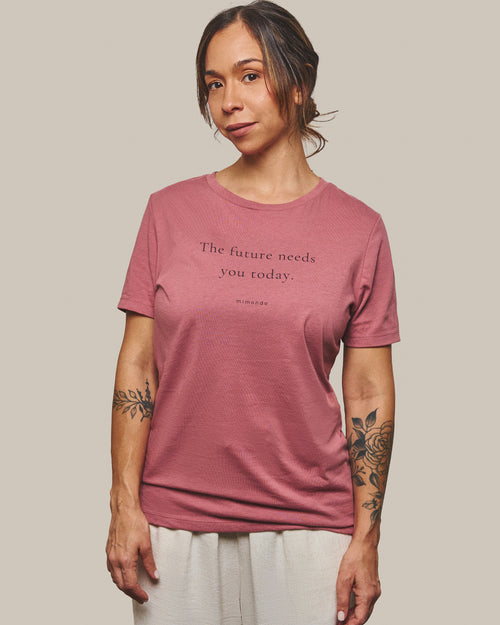 The Future Tee in Mauve. The print reads: The future needs you today.